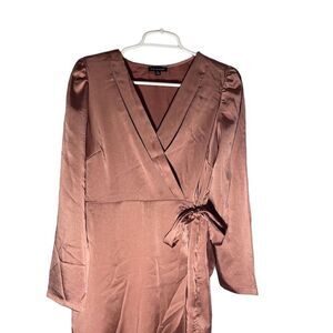 Blu Pepper Women's Satin Wrap Dress Mauve Long Sleeve V-Neck Tie Knee-Length